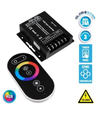 GLOBOSTAR® RGBCONTROLLER 73410 Σετ Dimmer - Controller με RF Ασύρματο Χειριστήριο με 3 x 8A 192W Κανάλια DC 12-24V 24A 576W Max IP20 - RF2.4Ghz SYNC - Μ9 x Π9 x Υ2.5cm - 2 Χρόνια Εγγύηση